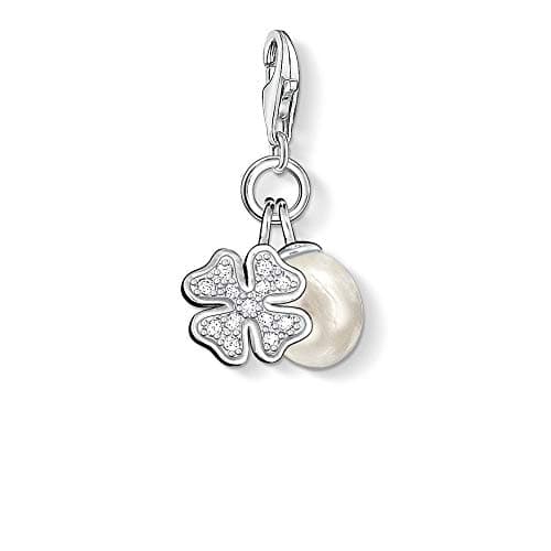 Image of Thomas Sabo Women Charm Pendant Cloverleaf Freshwater Pearl Charm Club 925 Sterling Silver 0831-167-14