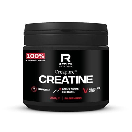 Image of Reflex Nutrition Creapure® Creatine Monohydrate Powder Unflavoured - 100% Creatine for Strength, Muscle Gains & Recovery - No Fillers or Additives - 250g (Vegan Creatine 5g per Serving, 50 Servings)