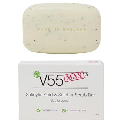Image of V55 MAX Salicylic Acid, Tea Tree Oil and Sulphur Soap Scrub for Spots Blackheads Milia Blemishes Problem Skin Suitable and Safe for those Prone to Acne - Paraben and Cruelty FREE - 100 g