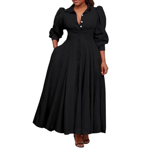 Image of Pleated Shirt Maxi Dress for Outfits with Puff Sleeves, Buttons and Pockets, black, XL