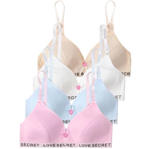 Image of Sunvivid Sports Bra for Girls 4 Pack Seamless Training Bras Wireless Thin Pads Strappy Top Cotton Bralettes Teen Underwears with Adjustable Strap for 10-12