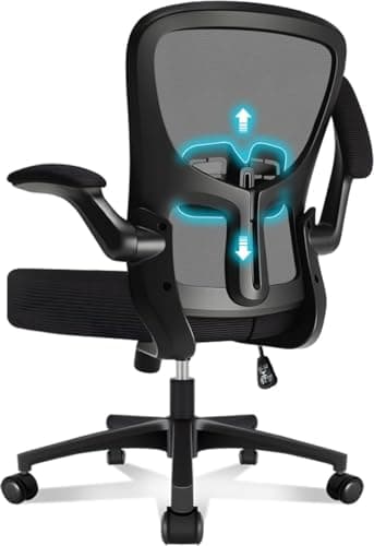 Image of Durrafy Ergonomic Office Chair, 90° Flip-up Armrests 5cm Adjustable Lumbar Support, Height Adjustable Mesh Swivel Chair with Silent Casters for Home Office Black, 102kg