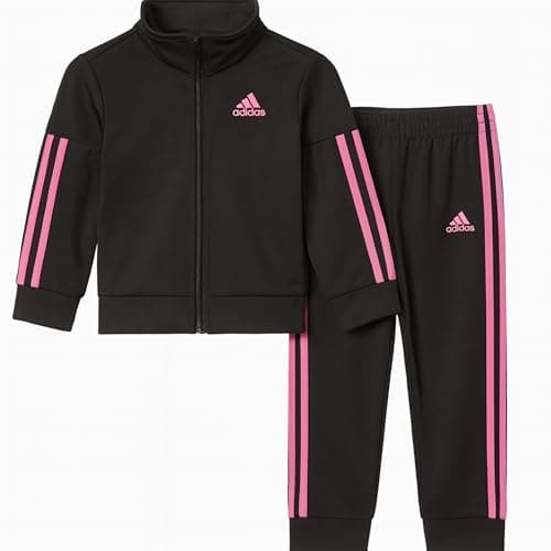 Image of adidas Zip Front Classic Tricot Jacket And Joggers Track Set Girls, Black/Light Pink, 4