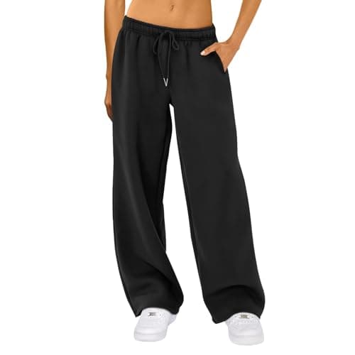 Image of LYSINK Women’s Wide Leg Sweatpants Fleece Solid High Waisted Baggy Pants Casual Y2K Drawstring with Pockets Joggers Trousers (Ba Black, L)