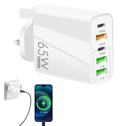 Image of 65W 5-Port USB Fast Charger,USB Plug Charger,65W Fast Charging,Wall Plug Multi Fast Charging Plug for Iphone/Samsung/Huawei/Tablet,Multi-Port Quick Charge Adapter (White)