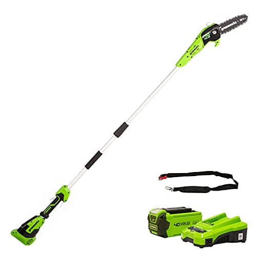 Image of Greenworks G40PSFK2 Cordless Pole Saw, 20cm Bar Length, 8m/s Chain Speed, 3.64kg, Auto-Oiler, 80ml Oil Tank, 2.58m Pole Reach, 40V 2Ah Battery & Charger, 3 Year Guarantee