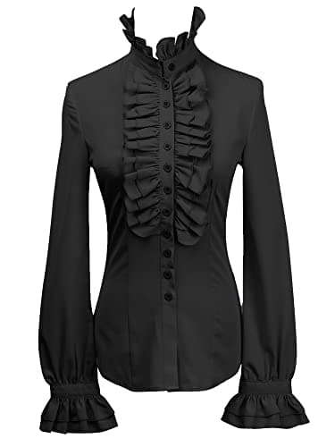 Image of YILEEGOO Women Vintage Victorian Button Down Shirts Stand Collar Frilly Ruffle Gothic Blouses Retro Flared Sleeve Tops (Black, L)