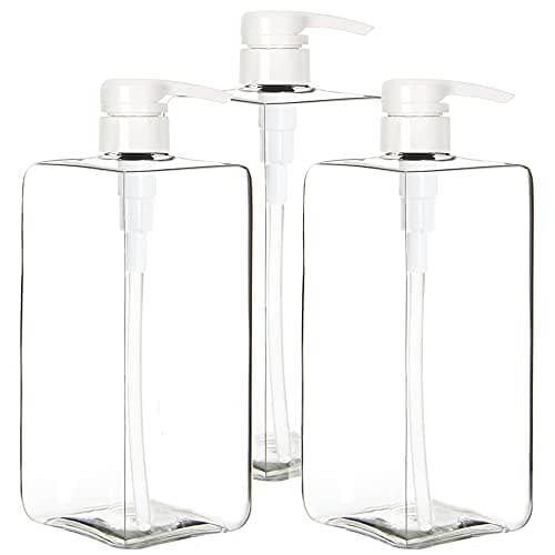 Image of Youngever 3 Pack Pump Bottles for Shampoo 1000ML (1 Liter), Square Empty Shampoo Pump Bottles, Plastic Cylinder with Lockdown Leak Proof Pumps
