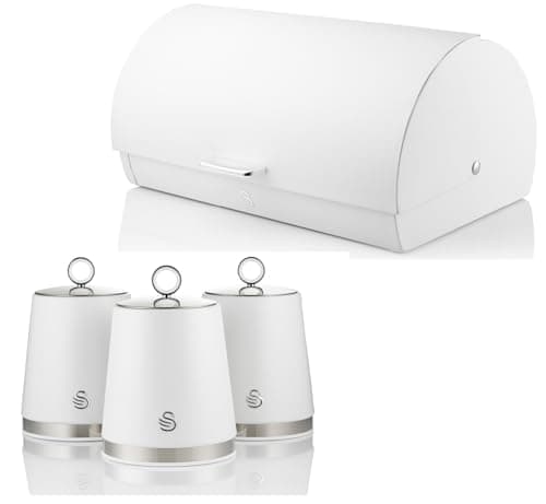 Image of Swan Serenity Bread Bin and Tea, Coffee, Sugar Canisters in White with Polished Stainless Steel Accents. Beautiful Design Matching Kitchen Storage Set with a Sleek White Finish