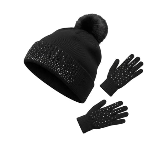 Image of A2Z Ladies Hat Gloves Knitted Beanie Pom Pom Gloves Set Lightweight - Hat LH1207 Black One Size