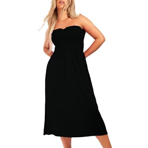 Image of NetSetUK Women's Strapless Sheering Boob Tube Gather Oversized Plus Size Elasticated Bust Bandeau Plain Beach Summer Sleeveless Top Midi Dress for Ladies 8-22 Black