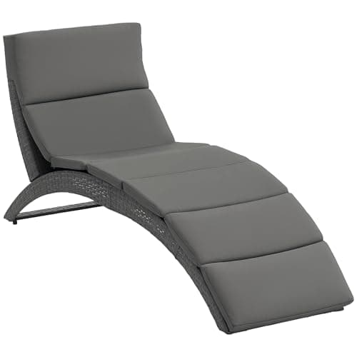 Image of Outsunny Outdoor Foldable PE Rattan Sun Lounger with Soft Padded Cushion, Ergonomic Curved Design Sun Bed for Balcony, Garden, Grey