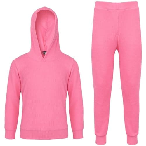 Image of A2Z 4 Kids Girls Ribbed Hooded Top & Bottom Tracksuit - Ribbed Hooded Set 347 Neon Pink 11-12