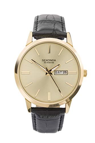 Image of Sekonda Classic Mens 40mm Quartz Watch in Gold with Analogue Day/Date Display, and Black Leather Strap 1838.