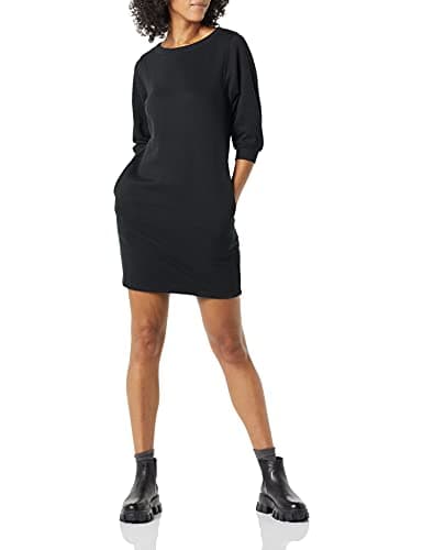 Image of Amazon Essentials Women's Fleece Blouson Sleeve Crewneck Sweatshirt Dress (Available in Plus Size), Black, Medium