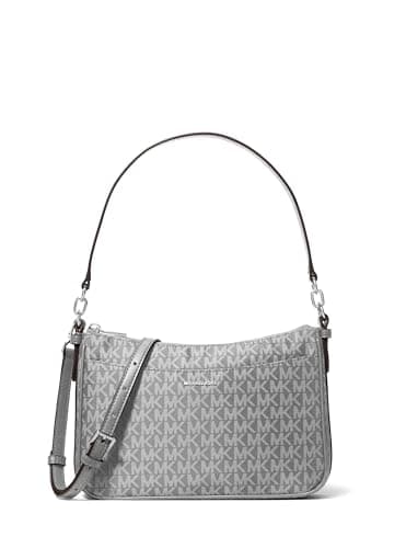 Image of Michael Kors Jet Set Medium Top Zip Pochette Crossbody Bag, Silver-tone Hardware/Tonal Mk Signature Nylon/Storm, One Size, Jet Set Medium Top Zip Pochette Crossbody Bag