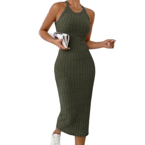 Image of Jersey Dresses for Women UK Summer Halter Neck Sleeveless Maxi Dress Ladies Casual Beach Holiday Boho Knitted Sundress Comfy Solid Color Ribbed Knit Jumper Dresses Backless Slim Fit Sexy Bodycon