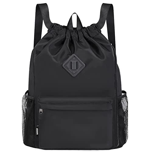 Image of WANDF Drawstring Backpack Sports Gym Bag with Shoes Compartment, Water-Resistant String Backpack Cinch for Women Men (Black,Large)