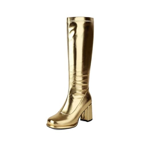 Image of Generisch Leather Knee High Platform Boots Chunky High Heel Zip Up Boots, gold, 5 UK