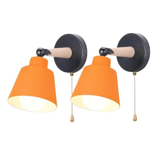 Image of iDEGU Set of 2 Retro Vintage Wall Sconces E27 Industrial Ceiling Light in Wood and Metal Adjustable Interior Wall Lamp with Switch Modern for Bedroom, Living Room, Cafe (Orange)
