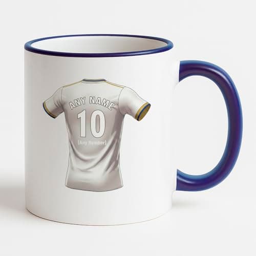 Image of UNIGIFT Personalised Gift - West Yorkshire Football Fan Blue Handle Mug (White Jersey Design) Custom Name Message Cup - Beeston LS11 Club