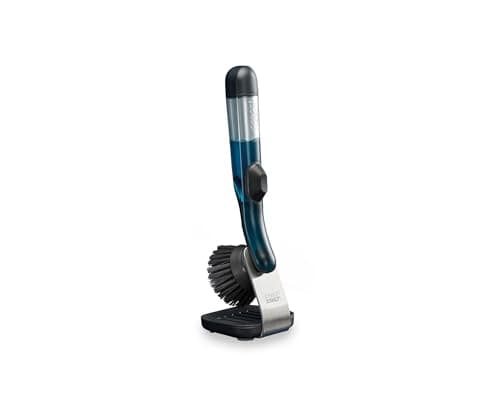 Image of Joseph Joseph SinkTech Refillable Soap-Dispensing Dish Brush with Storage Stand, Pan Scraper, Stainless Steel Drip Tray