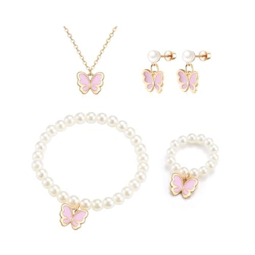 Image of wynn's Girls Jewellery Set of 4 - Lovely Pink Butterfly Pearl Earrings/Rings/Bracelet/Necklace for Kids Jewellery Gift Christmas Birthday for Daughter Niece Granddaughter Little Sister