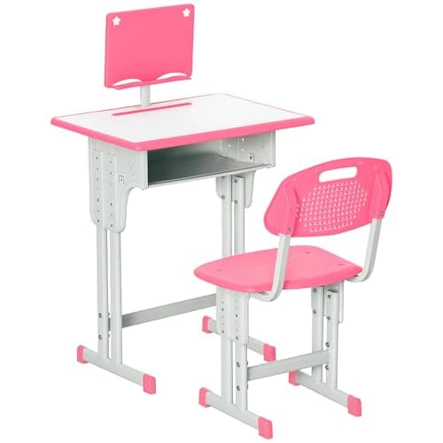 Image of HOMCOM Kids Desk and Chair Set Adjustable Height Study Table Set w/Drawer, Book Stand, Pen Slot - Pink