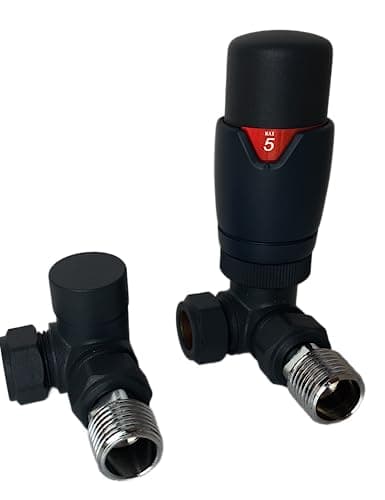 Image of Greened House Kiev Black Designer Corner Thermostatic Radiator & Towel Rail Valve TRV with Lockshield 15mm Pipework Standard Panel Radiator