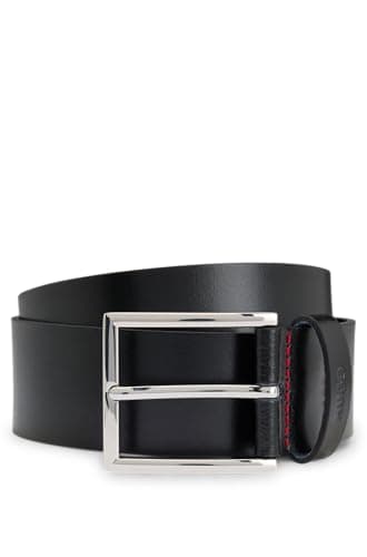 Image of HUGO Men's Giaspo Polished Silver Buckle Leather Belt, Black Gloss, 34