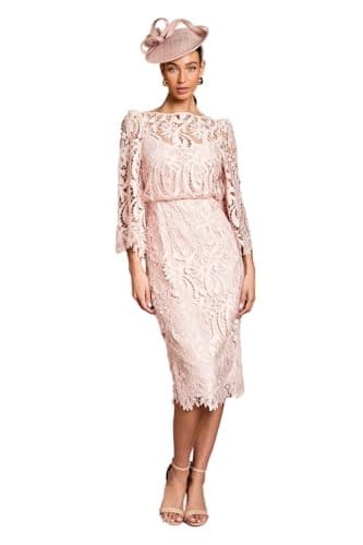 Image of Coast Satin Lace Boat Neck Midi Dress with Fluted Sleeve, 12, Blush