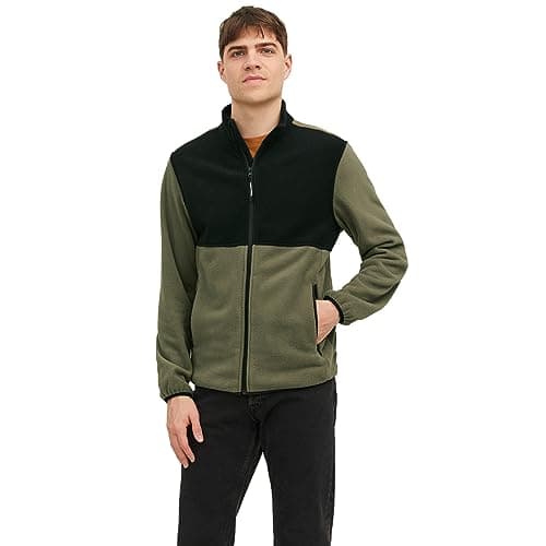 Image of JACK & JONES Men's Fleece Jacket Long Sleeve High Standup Collar Coat, Olive Colour, UK Size L