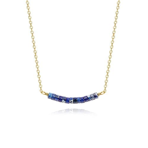 Image of Aobei Pearl Lapis Lazuli Beaded Choker Necklace, Dainty 18k Gold Chain Bar Pendant Necklace, Boho Blue Jewelry for Women