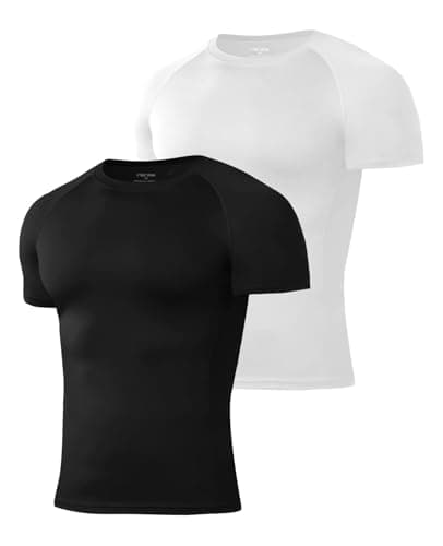 Image of Niksa 2Packs Compression Tops for Men Short Sleeve Mens Running T-Shirts Mesh Design Quick Dry Base Layer Shirts for Gym Sports Fitness Workout Cycling,Training, Black and White,L