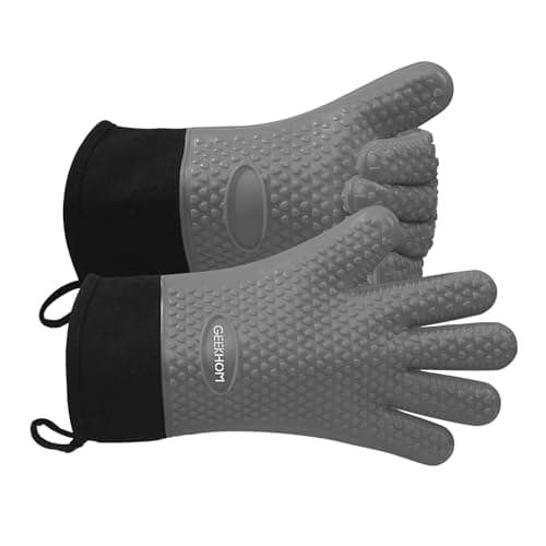 Image of GEEKHOM Silicone Oven Gloves Heat Resistant Silicone Oven Mitts BBQ Gloves Waterproof Kitchen Gloves for Barbecue Grilling Weber Microwave, Non-Slip Oven Gloves with Fingers, Light Grey
