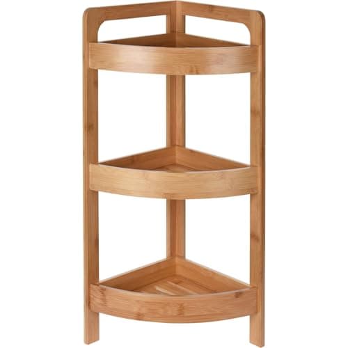 Image of Carousel Home Bamboo Corner Shelf Unit | Wooden Free-standing Corner Shelves | 3 Tier Bathroom Rack Shelf Bathroom Storage & Organisation - 23x23x61cm