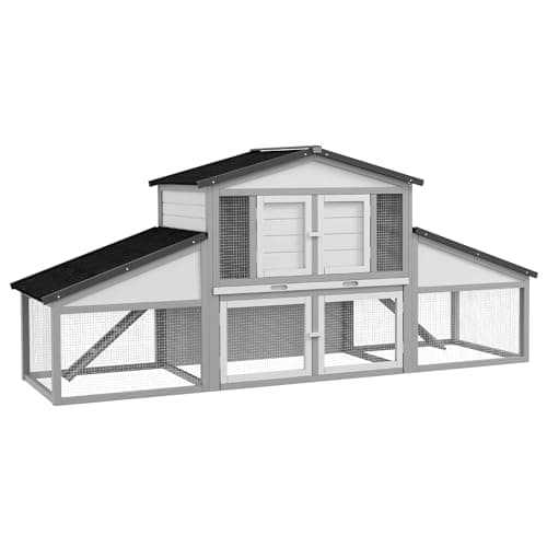 Image of PawHut Large Rabbit Hutch with Run, Outdoor Bunny Cage with Tray, Ramp, Wooden Guinea Pig House, Light Grey