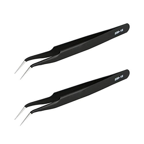 Image of Aoje-Link ESD-15 Professional Anti-Static Precision Technology Tweezers, Non-Magnetic Fine Tip Curved, Stainless Steel Plastic Coated, Full Length 120mm, Black, 2pcs