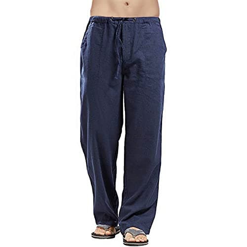 Image of Sprifloral Men's Solid Colors Linen Pants Relaxed Fit Casual Yoga Pants Straight Legs Trousers Navy S