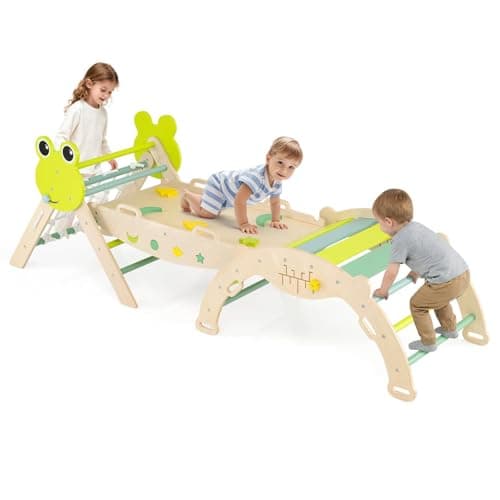 Image of COSTWAY Toddler Climbing Frame, Kids Wooden Climber Toys Set with Arch, Reversible Ramp, Indoor Montessori Play Gym for Boys Girls 3 Years Old+ (8 in 1 Frog-Themed, Green)