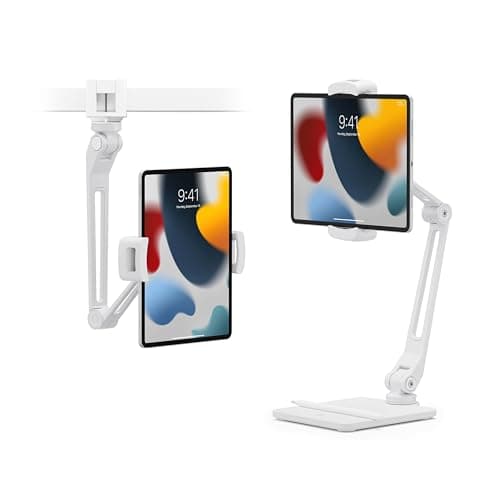 Image of Twelve South HoverBar Duo iPad Stand (2nd Gen) - Adjustable Tablet Stand for Desk with Weighted Base & Clamp Attachment for Mounting, Tablet Holder, Foldable Tablet Desk Stand, Fits All iPads, White