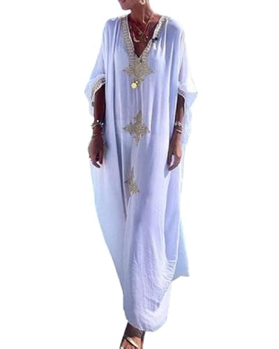 Image of Bsubseach Gold Embroidery Long Kaftan Dresses V Neck Caftan Dress Beach Cover Ups for Women White