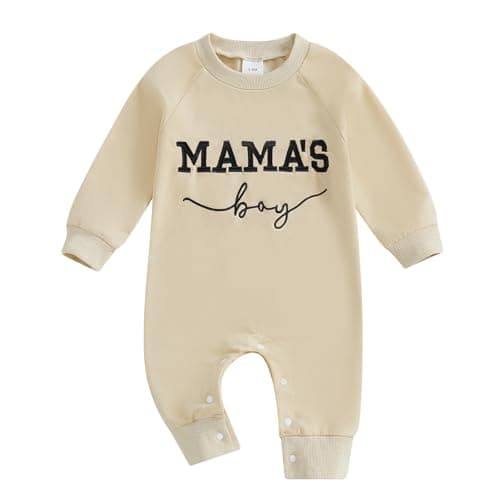 Image of Caziffer Newborn Baby Boy Jumpsuit One Piece Letter Embroidery Long Sleeve Crewneck Romper MAMA'S BOY Casual Autumn Clothes Set for Toddlers (Beige, 0-3 Months)