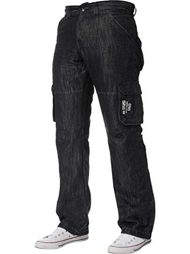 Image of ENZO Mens Designer Cargo Combat Denim Jeans Pants All Waist Size Black Wash 34 W X32L