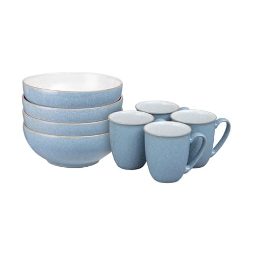 Image of Denby - Elements Coffee Mug & Cereal Bowl 8 Piece Set - Blue Glaze Dishwasher & Microwave Safe Stoneware - 4 x 330ml Tea Cups & Cereal Bowls for Soup - Ceramic, Chip Resistant for Everyday Use