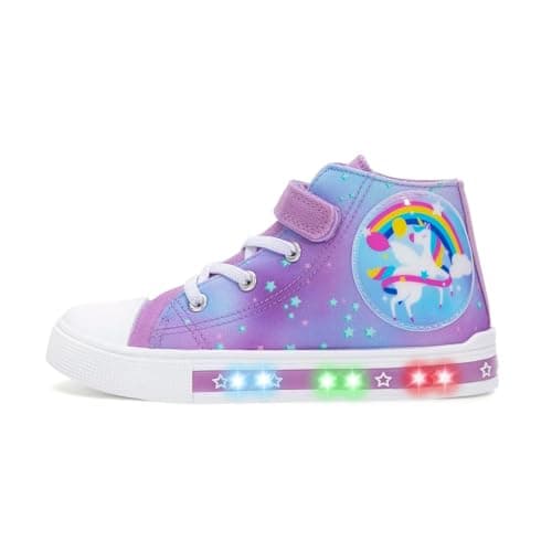 Image of Kids Light Up Trainers, Girls Boys High Top Shoes Flashing Sneakers Toddler Easy On Canvas Shoes Rainbow Unicorn Size 7 UK Child