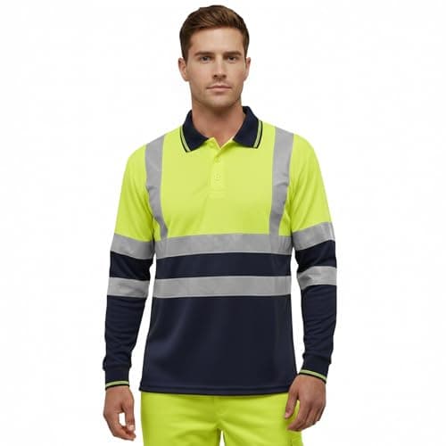 Image of DURUS WORKWEAR High Visibility Long Sleeve Reflective T-Shirt Plain & Two-Tone Polo Work Top Yellow/Navy