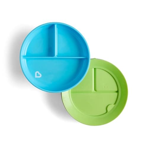 Image of Munchkin Stay Put Divided Plates - 2 Pack Baby & Toddler Plate Set with Compartments, Suction Plate for Babies 6 Months & Over, BPA Free, Blue/Green