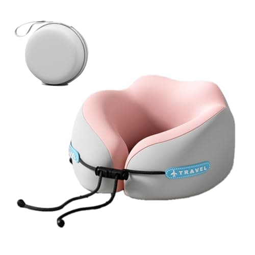 Image of Vbvbip Pink Memory Foam Travel Neck Pillow - Ergonomic Support for Airplanes, Long Flights & Car Rides | Premium Comfort with Washable Cover & Portable Storage Box
