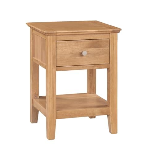 Image of Hallowood Furniture Hereford Oak Lamp Table with Drawer and Lower Shelf, Wooden Side Table, Nightstand, Light Oak Plant Stand, Fully Assembled Bedside, Hallway and Living Room Furniture